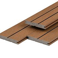 PuraDock composiet vlonderplank 2,2 x 14,6 x 390 cm, teak, massief, 1 zijde 1 groef, 1 zijde 2 groeven, fijne houtnerf, clip systeem