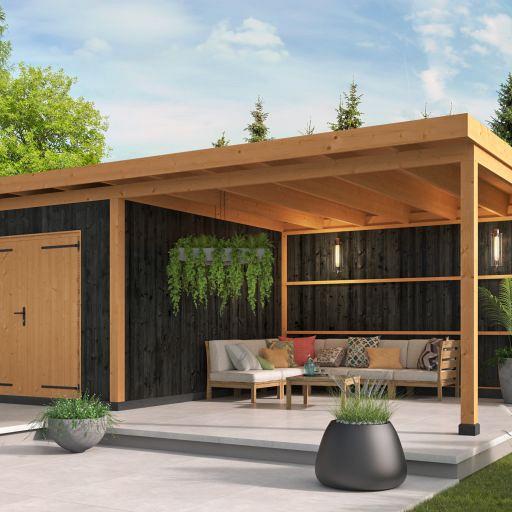 DHZ berging Hellendoorn 700 x 400 cm incl. dubbele deur, verticale wanden zwart geïmpregneerd