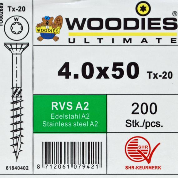 WOODIES Spaanplaatschroef RVS A2 Torx 4.0x50 200 st.