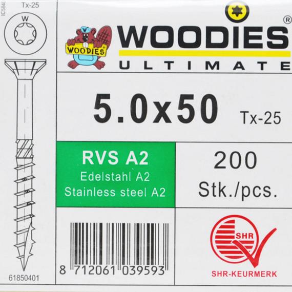 WOODIES Spaanplaatschroef RVS A2 Torx 5.0x50 200 st.