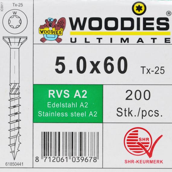 WOODIES Spaanplaatschroef RVS A2 Torx 5.0x60 200 st.