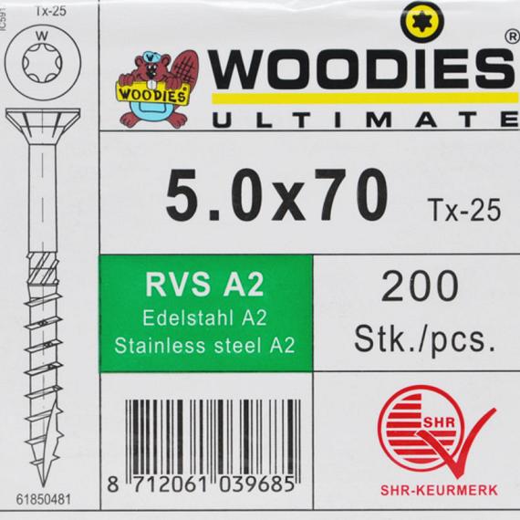 WOODIES Spaanplaatschroef RVS A2 Torx 5.0x70 200 st.