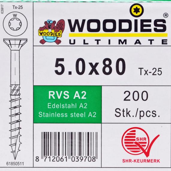 WOODIES Spaanplaatschroef RVS A2 Torx 5.0x80 200 st.