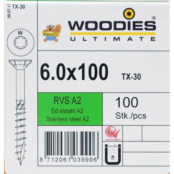 WOODIES Spaanplaatschroef RVS A2 Torx 6.0x100 100 st.