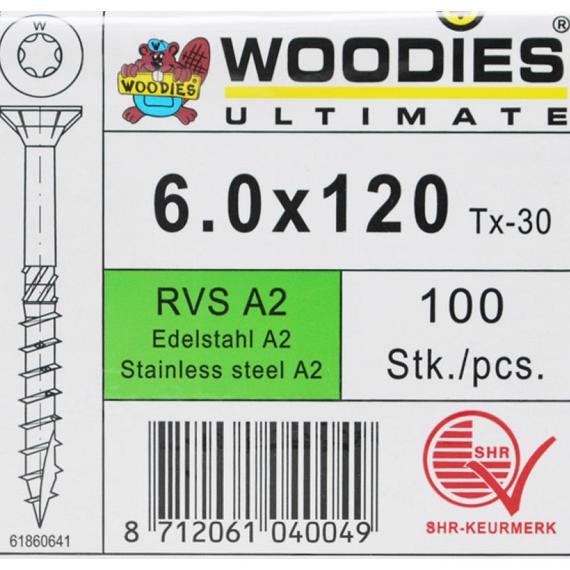 WOODIES Spaanplaatschroef RVS A2 Torx 6.0x120 100 st.