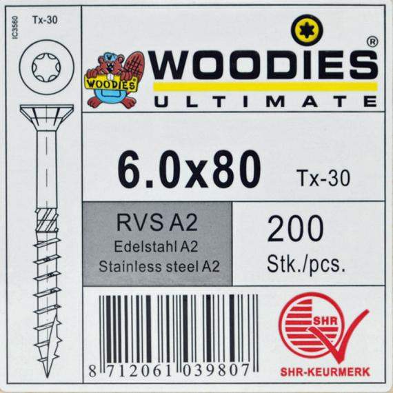 WOODIES Spaanplaatschroef RVS A2 Torx 6.0x80 200 st.