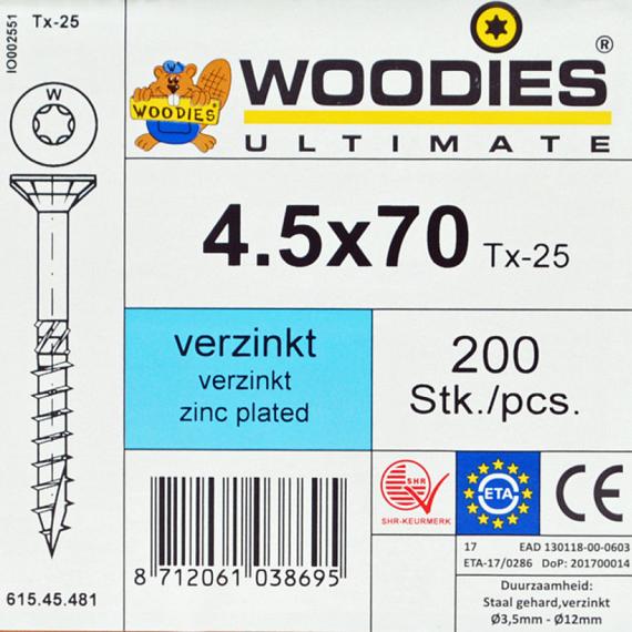 WOODIES Spaanplaatschroef Verzinkt Torx 4.5x70 200 st.