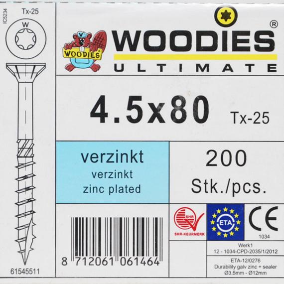WOODIES Spaanplaatschroef Verzinkt Torx 4.5x80 200 st.