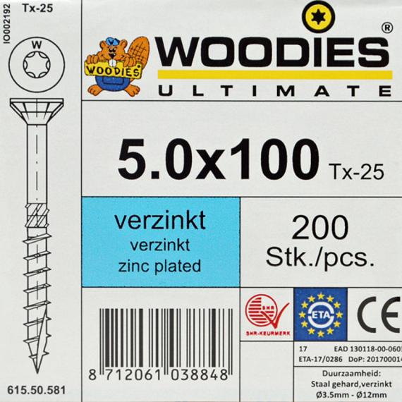 WOODIES Spaanplaatschroef Verzinkt Torx 5.0x100 200 st.