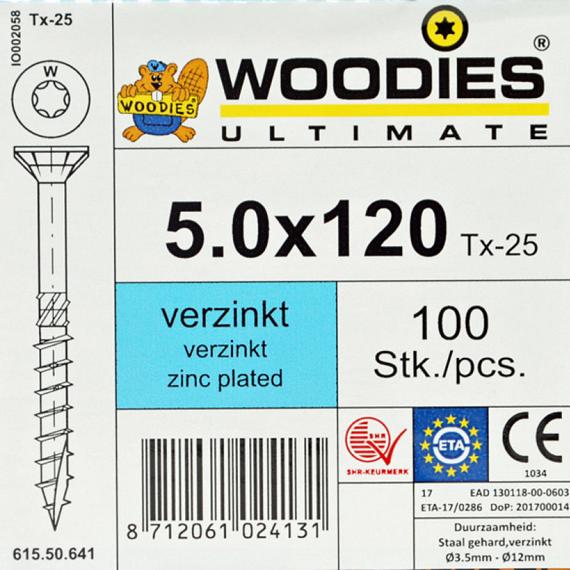 WOODIES Spaanplaatschroef Verzinkt Torx 5.0x120 100 st.