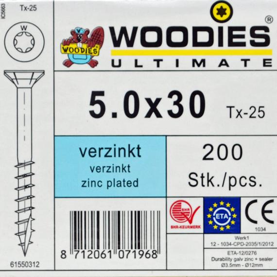 WOODIES Spaanplaatschroef Verzinkt Torx 5.0x30 200 st.