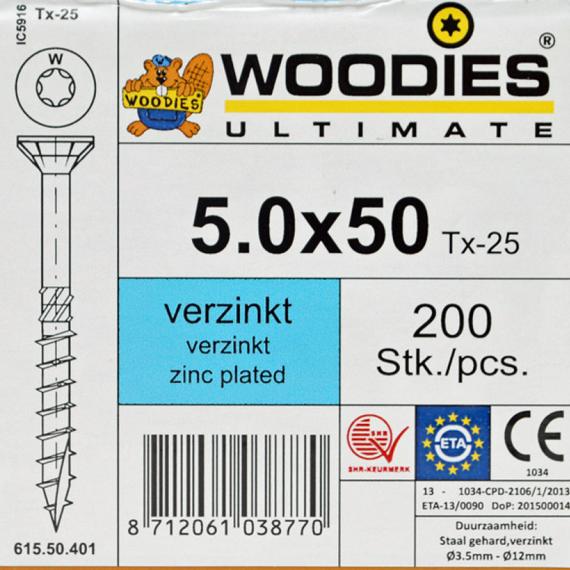 WOODIES Spaanplaatschroef Verzinkt Torx 5.0x50 200 st.