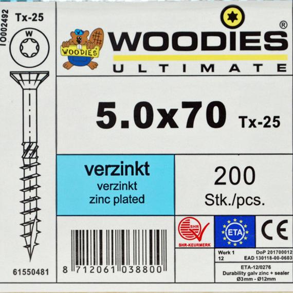 WOODIES Spaanplaatschroef Verzinkt Torx 5.0x70 200 st.