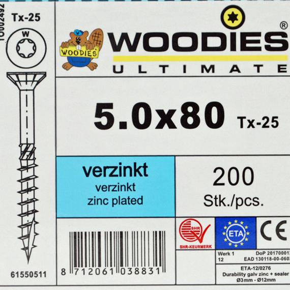 WOODIES Spaanplaatschroef Verzinkt Torx 5.0x80 200 st.