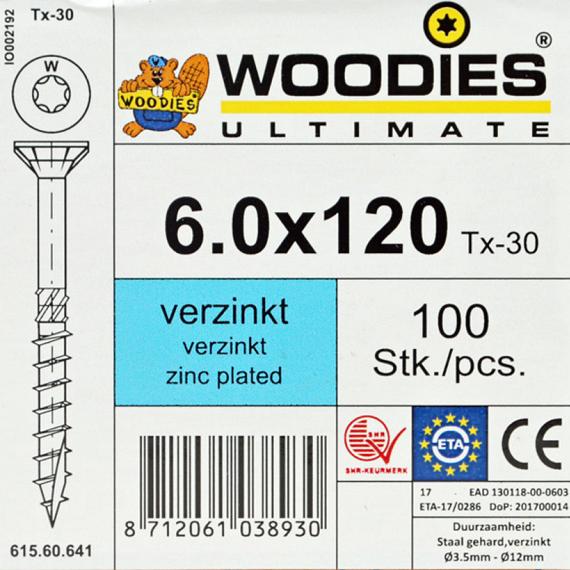 WOODIES Spaanplaatschroef Verzinkt Torx 6.0x120 100 st.