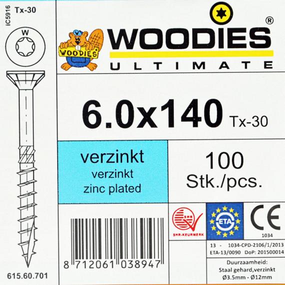 WOODIES Spaanplaatschroef Verzinkt Torx 6.0x140 100 st.