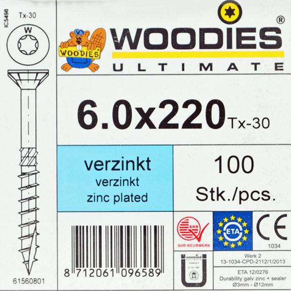 WOODIES Spaanplaatschroef Verzinkt Torx 6.0x220 100 st.